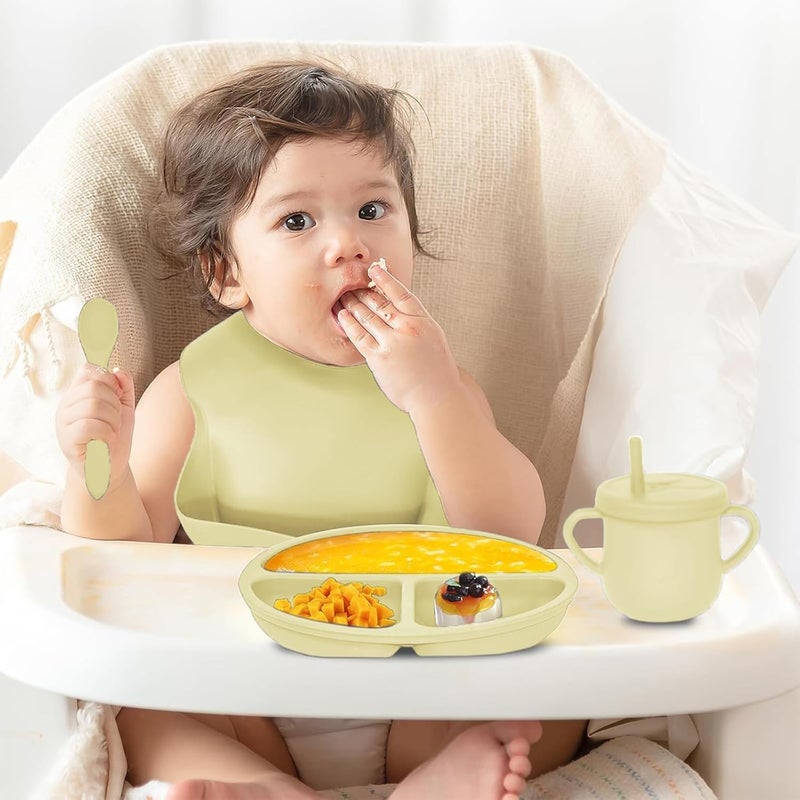 Dormlony 100% Silicone Baby Feeding Set,BPA Free Baby Dishes Set with Suction Bowl Divided Plate,Toddler Self Feeding Dish Set with Spoons Forks Sippy Cup and Bib, Baby Eating Utensils (Yellow) - Image 2
